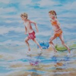 Deux enfants courant au bord de la mer (acrylique sur toile, 30x24cm)